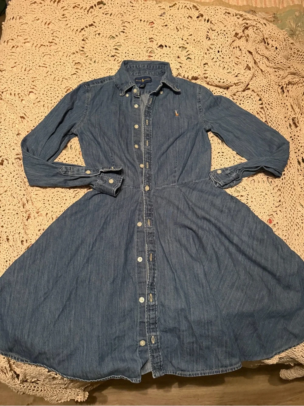 Ralph Lauren Denim Button-Front Long Sleeve Shirt Dress in Blue sz 14